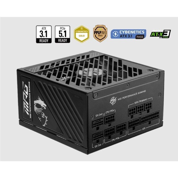 MSI MPG A1000GS PCIE5 1000W ATX Power Supply Unit, 80 PLUS Gold, Fully modular flat cables, 0 RPM Mode, Active PFC design