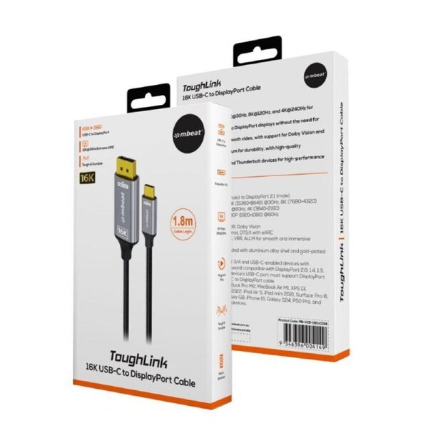 mbeat Tough Link 1.8m 16K USB-C to DP Cable - Space Grey 40Gbps USB-C (male) to DisplayPort 2.1 (male)