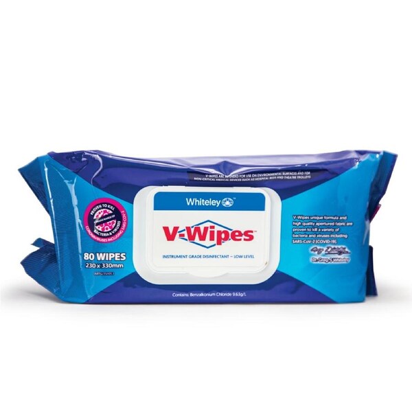 V-Wipes Hospital Grade Disinfectant Wipes - 80 Pack, pH Neutral, Non-Hazardous, Streak-Free