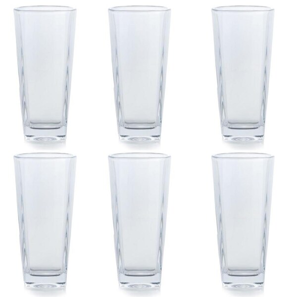 Set of 6 Tall Highball Glasses Clear Glass Tumbler Cups for Juice Water Cocktails Soda Smoothies Heavy Base Square Bottom Drinkware for Home Kitchen Bar Party Everyday Use