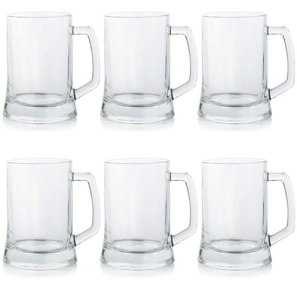 Set of 6 Clear Glass Beer Mugs with Handle Heavy Base Classic Beer Steins for Lager Ale Craft Beer Dishwasher Safe Drinkware for Home Bar Pub BBQ Parties Restaurants Outdoor Events
