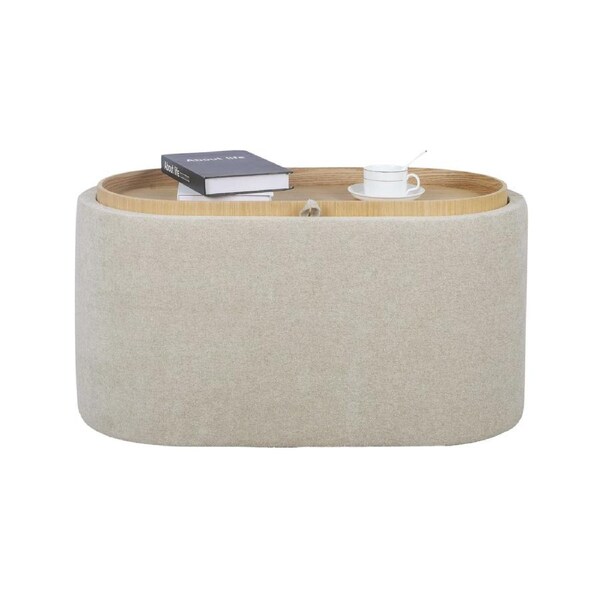 Beige Chenille Storage Ottoman with Tray-Oval Shape