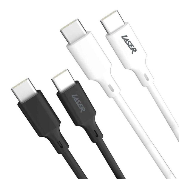 2pc Laser 2m USB-C to C 60W Charging Cable for Samsung/iPhone 16 Black/White