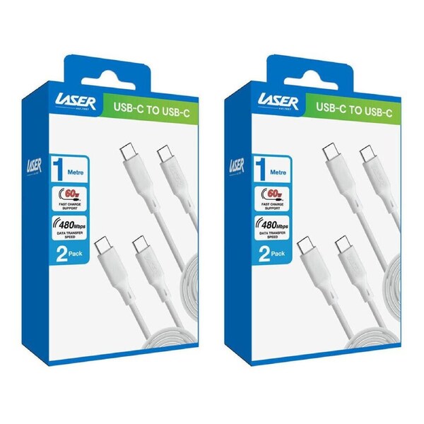 2x 2pc Laser 1m USB-C to C 60W Fast Charging Cable for Samsung & iPhone 16 White