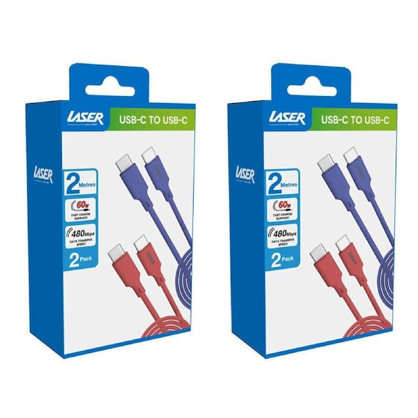 2x 2pc Laser 2m USB-C to C 60W Charging Cable for Samsung & iPhone 16 Red/Blue