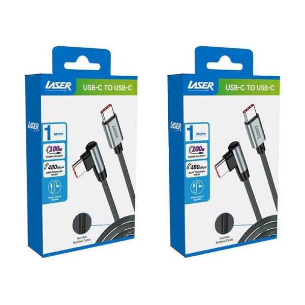 2PK Laser 1m Right Angled USB-C to C 100W Charging Cable for Samsung & iPhone 16