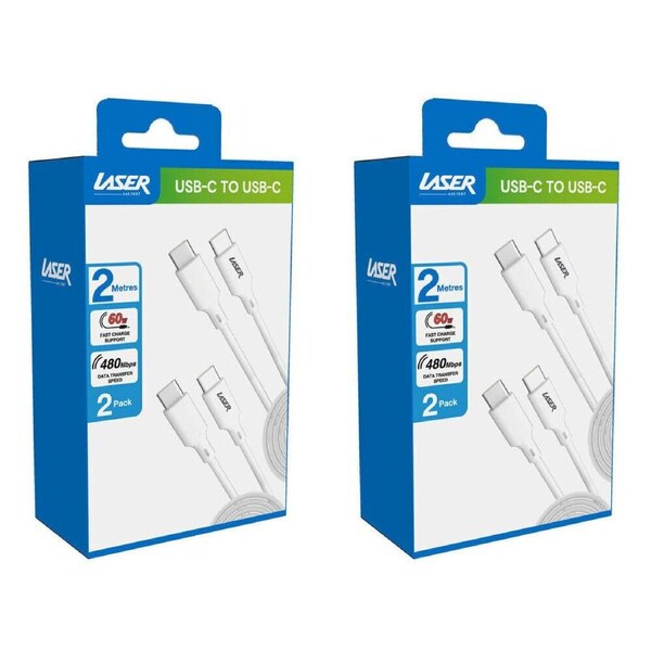 2x 2pc Laser 2m USB-C to C 60W Charging Cable for Samsung & iPhone 16 White