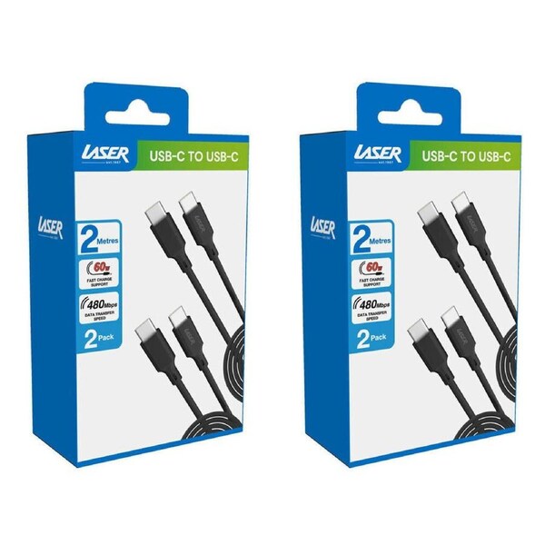 2x 2pc Laser 2m USB-C to C 60W Charging Cable for Samsung & iPhone 16 Black
