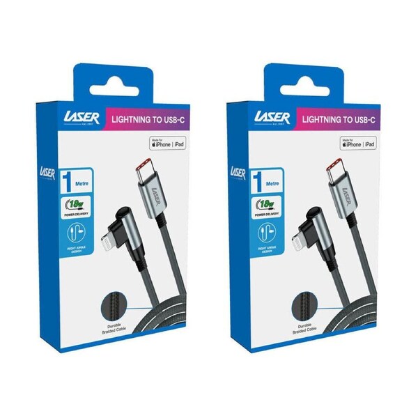2PK Laser 1m Right Angle 8-Pin to USB-C 18W Braided Charging Cable for Apple
