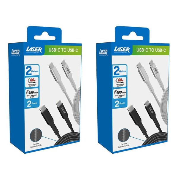 2x 2pc Laser 2m USB-C to C 60W Charging Cable for Samsung/iPhone 16 Black/Silver