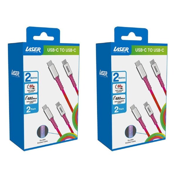 2x 2pc Laser 2m USB-C to C Braided Charging Cable for Samsung/iPhone 16 Rainbow