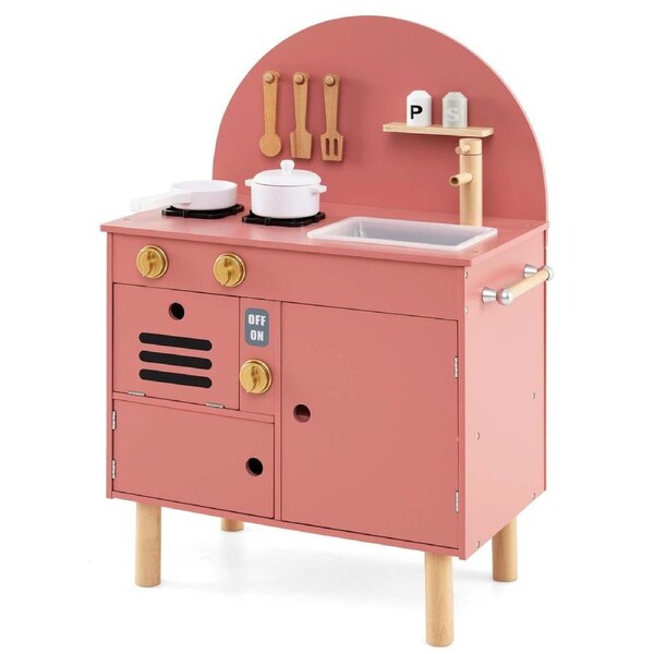 Costway Small Play Kitchen Wooden Kitchen Playset w/Storage Stoves Sink Microwave & Oven Pretend Play Toy Set Pink