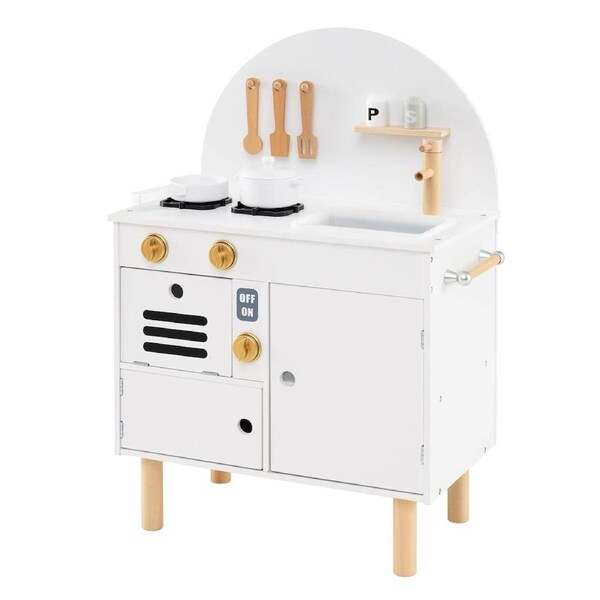 Costway Small Play Kitchen Wooden Kitchen Playset w/Storage Stoves Sink Microwave & Oven Pretend Play Toy Set White