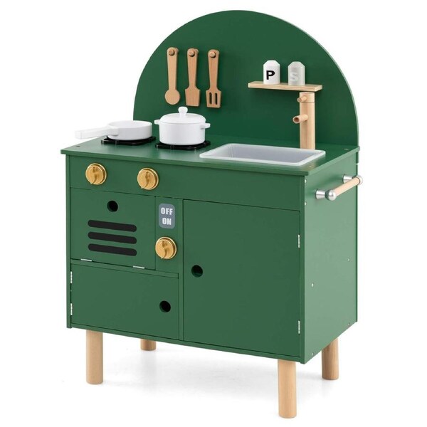 Costway Small Play Kitchen Wooden Kitchen Playset w/Storage Stoves Sink Microwave & Oven Pretend Play Toy Set Green