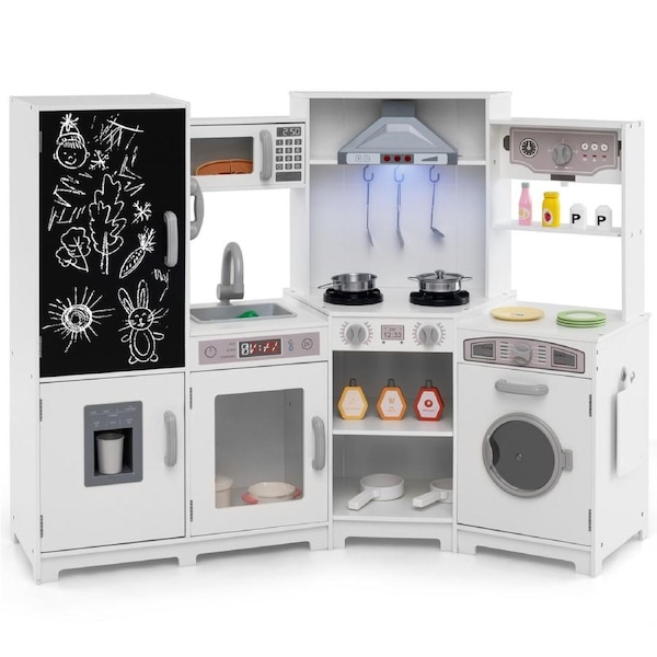 Costway Kitchen Playset Pretend Play Kitchen Set w/Refrigerator & Doodle Board Boys Girls Gift White
