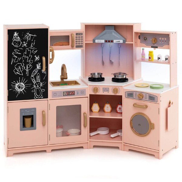 Costway Kitchen Playset Pretend Play Kitchen Set w/Refrigerator & Doodle Board Boys Girls Gift Pink