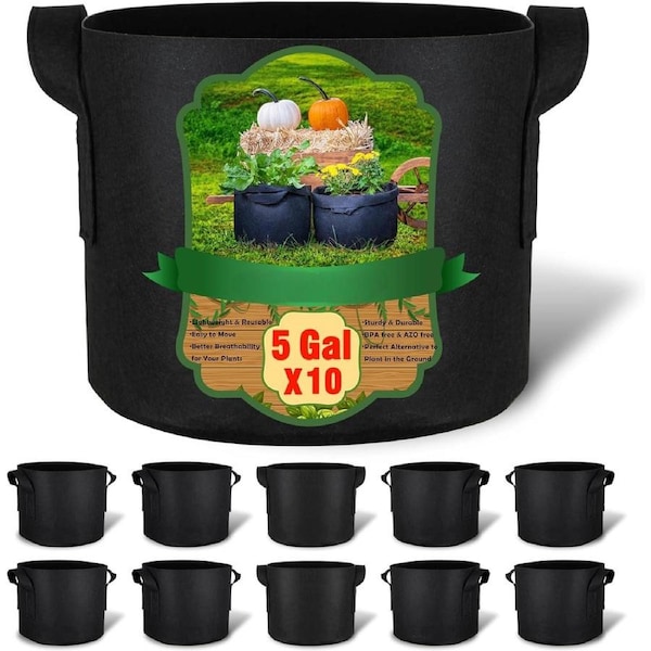 10-Pack 5 Gallon Grow Bags, Aeration Fabric Pots with Handles, Heavy Duty Cloth Pots for Plants