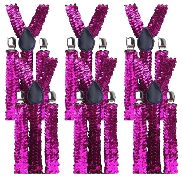 6x Mens Suspenders Braces Adjustable Strong Clip On Elastic Formal Wedding BULK - Hot Pink (Sequin)