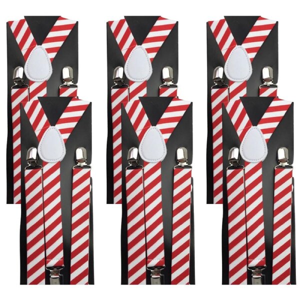 6x Mens Suspenders Braces Adjustable Strong Clip On Elastic Formal Wedding BULK - Red/White Diagonal Stripes