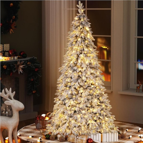 Jingle Jollys 2.1m Christmas Tree Flocking Pencil Tree LED Xmas 860 Tips White