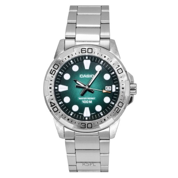 Casio Standard Analog Quartz MTD-140D-3AV Mens Watch Stainless Steel Green Dial Date Display 100M