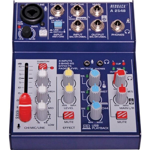 Redback Ultra compact 4 Channel Mixer With USB Output & Effects USB PC interface