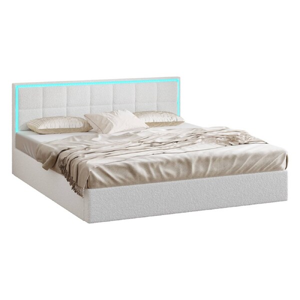 Oikiture Bed Frame King Size RGB LED Gas Lift Storage Base White Boucle