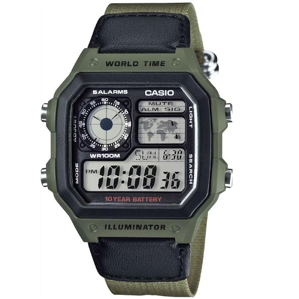 Casio Green Cloth Strap 100m Unisex Digital Watch AE-1200WHB-3BV