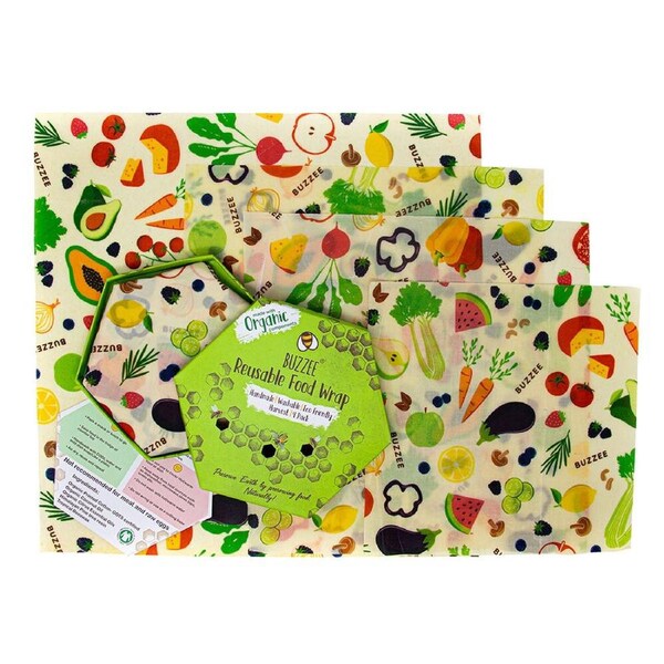 4pc Buzzee Organic Reusable Beeswax Wraps Washable Food Covers Harvest