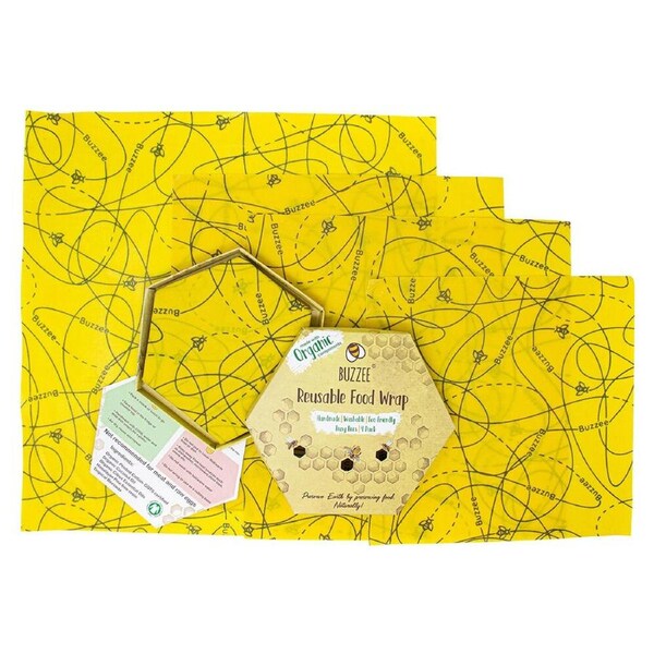 4pc Buzzee Organic Reusable Beeswax Wraps Washable Food Covers Busy Bees