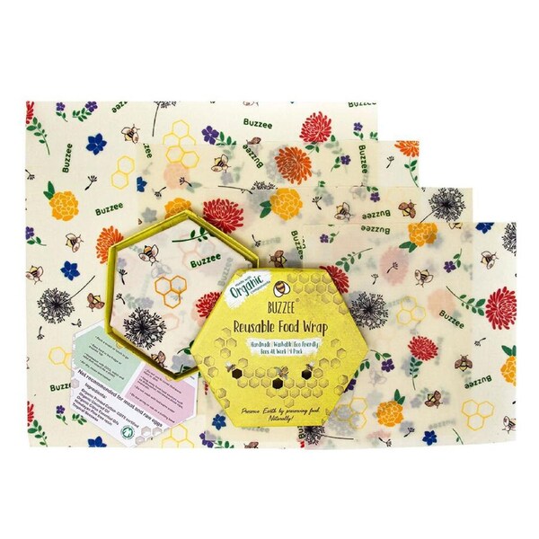 4pc Buzzee Organic Reusable Beeswax Wraps Washable Food Covers Bees At Work
