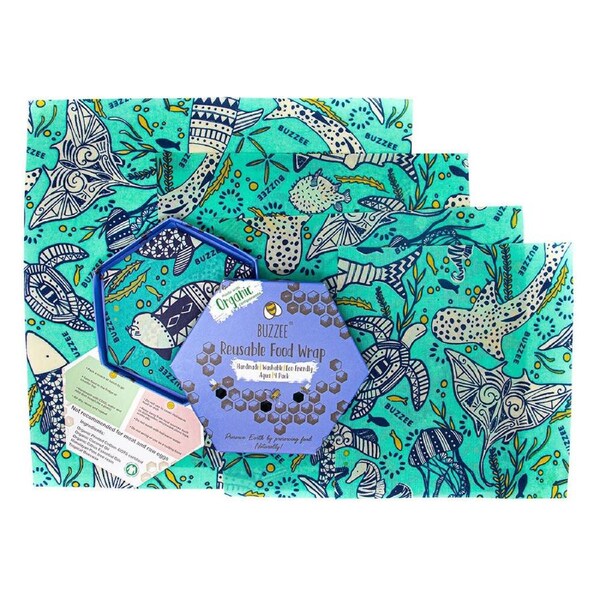 4pc Buzzee Organic Reusable Beeswax Wraps Washable Food Covers Aqua Blue