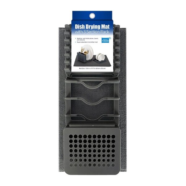 Grand Fusion Microfibre Dish Drying Mat w/ 3 Section Rack 51x39cm Charcoal
