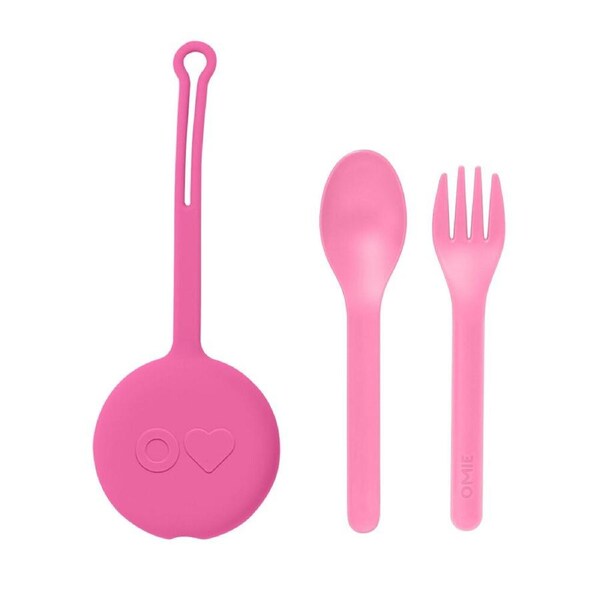 3pc Omie Omiepod Kid-Friendly Cutlery Set w/ Fork and Spoon Bubble Pink