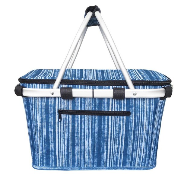 Sachi Insulated Lightweight Carry Basket W/ Lid 49x27x25cm Blue Stripes