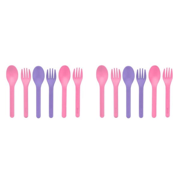 2x 6pc Omie Space-Saving Spoon & Fork Utensil Set Kids Cutlery Kit Pink/Purple