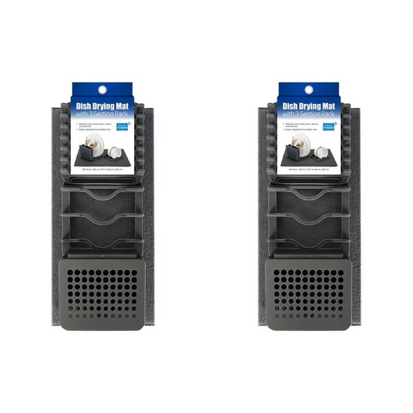 2PK Grand Fusion Microfibre Dish Drying Mat w/ 3 Section Rack 51x39cm Charcoal