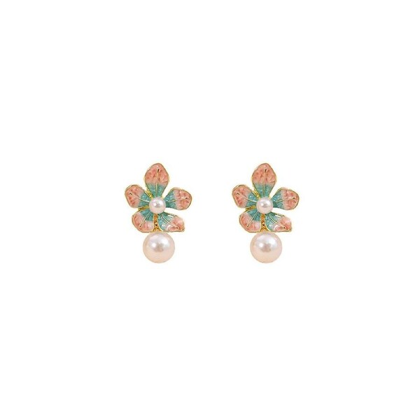 P&P Vintage Camellia Stud Earrings Green Pink Two Tone Pearl Jewelry For Women Au