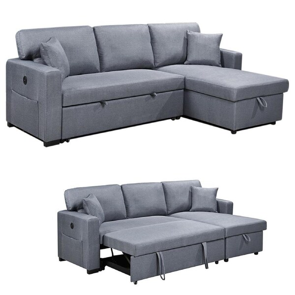Foret 3 Seater Sofa Bed Modular Corner Pullout USB Lounge Storage Chaise Fabric in shade Charcoal Dark Grey
