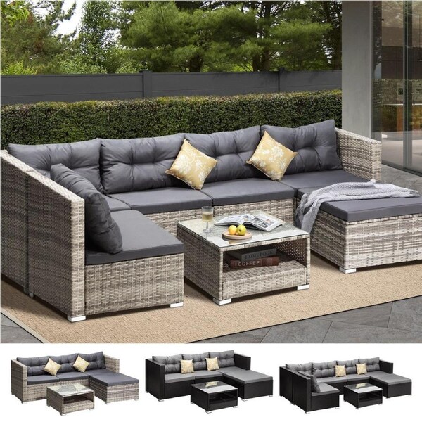 Livsip Outdoor Lounge Setting 5-7pc Wicker Sofa Set Rattan Patio Garden Furniture 5-pc set-Grey