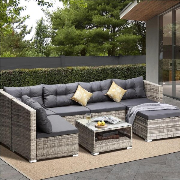 Livsip Outdoor Lounge Setting 5-7pc Wicker Sofa Set Rattan Patio Garden Furniture 7-pc set-Grey