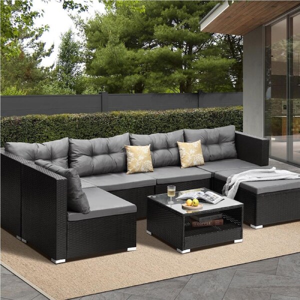 Livsip Outdoor Lounge Setting 5-7pc Wicker Sofa Set Rattan Patio Garden Furniture 7-pc set-Blak