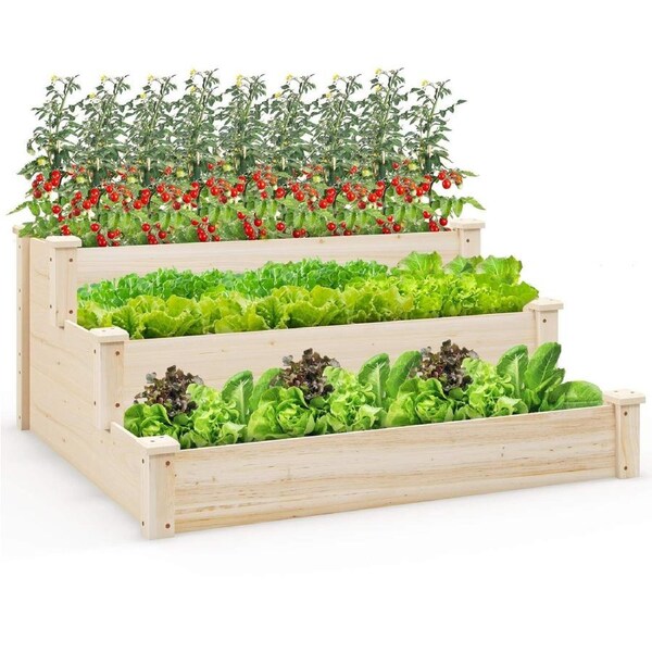 P&P 118 X 118 X 56 Cm 3-Tier Wooden Raised Garden Bed Outdoor Elevated Flower Box