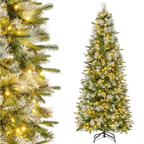 P&P 190Cm Pre-Lit Christmas Tree Flocked Xmas Decor W/ Pine Needles & 280 Led Lights