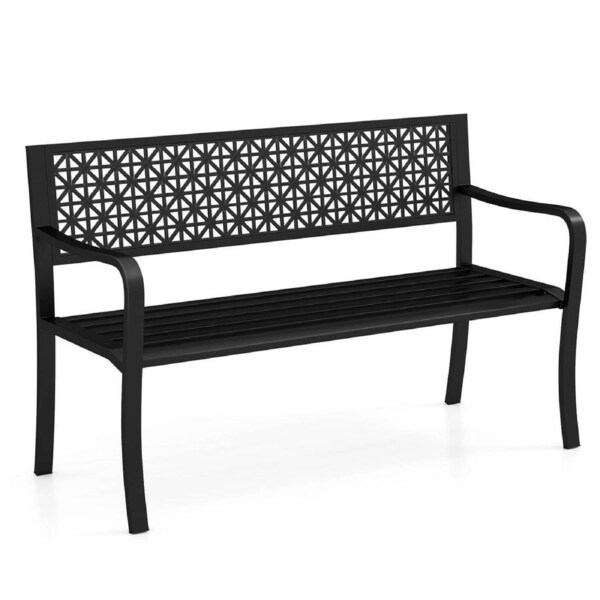 P&P 127Cm Outdoor Bench W/ Patterned Backrest 300 Kg 2-3-Person Metal Loveseat Chair