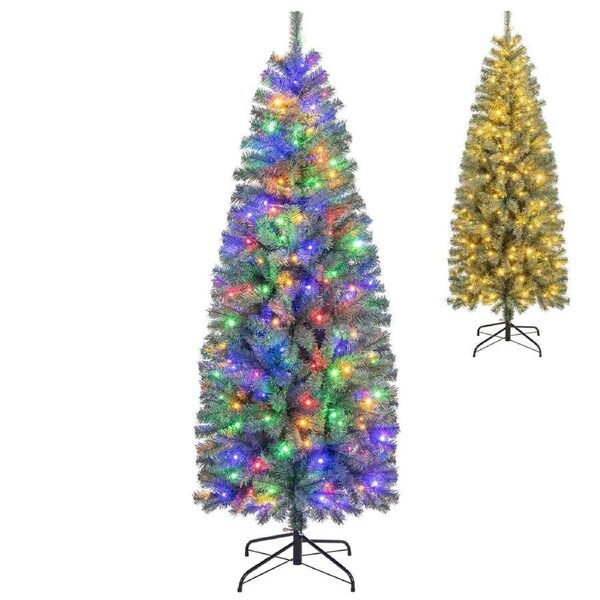 P&P 195Cm Pre-Lit Blue Christmas Tree Slim Pencil Xmas Decor W/ 9 Modes Multicolored