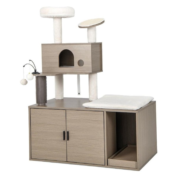 P&P 2 In 1 Cat Tree W/ Litter Box Enclosure Modern Cat Tower W/ Cat Condo Top Perch