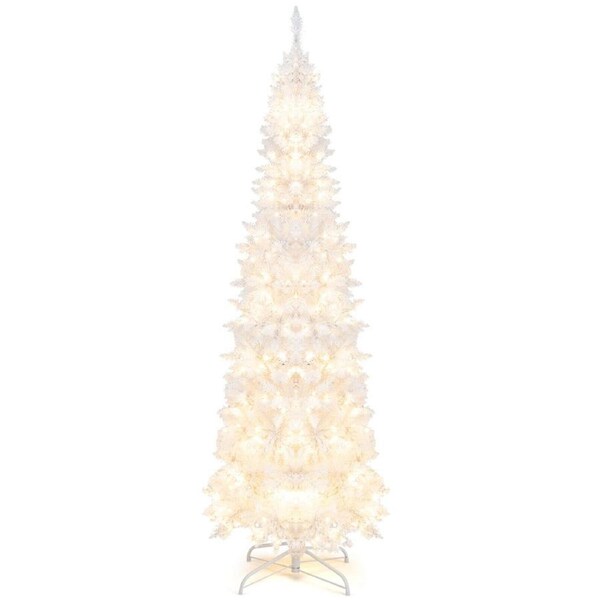 P&P 2.1M Pre-Lit White Christmas Tree Slim Pencil Artificial Hinged Xmas Tree Xmas