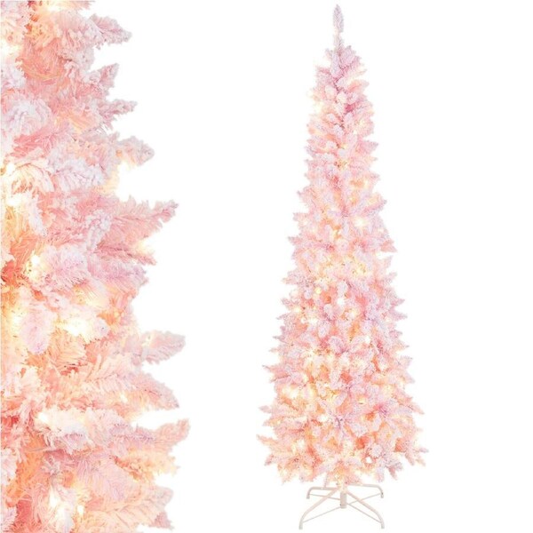 P&P 2.1M Snow Flocked Pink Christmas Tree Pre-Lit Hinged Xmas Decor 8 Lighting Modes