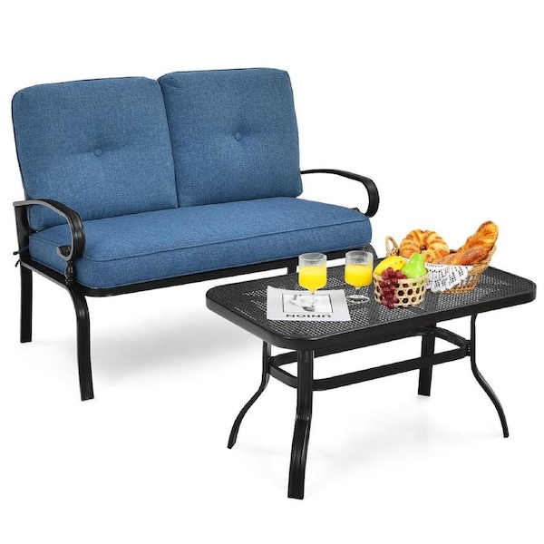 P&P 2Pcs Patio Loveseat Bench Table Furniture Set Cushioned Chair Blue